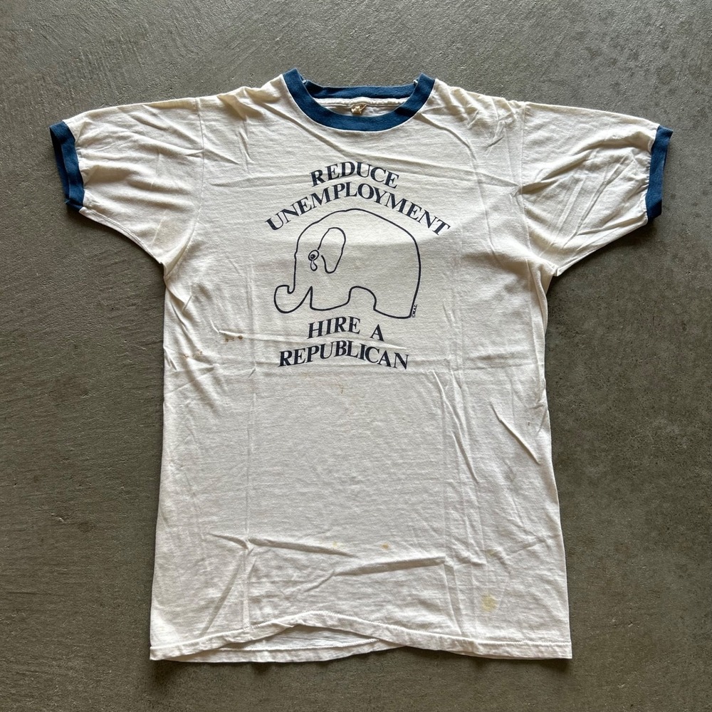 Vintage 70s Hire A Republican Ringer Shirt Size XL White Unemployment Paper Thin